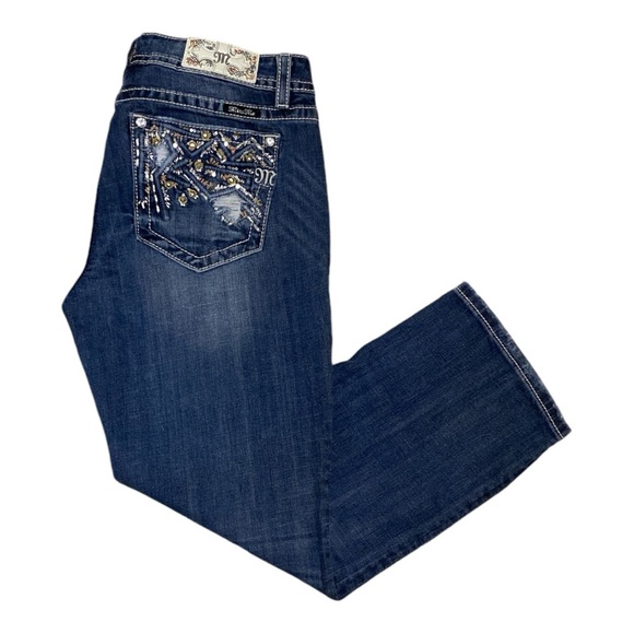 Miss Me Denim - Reduced‼️Miss Me Jeans Size 31 Blue Distressed Rhinestone Sequin Capri Cropped